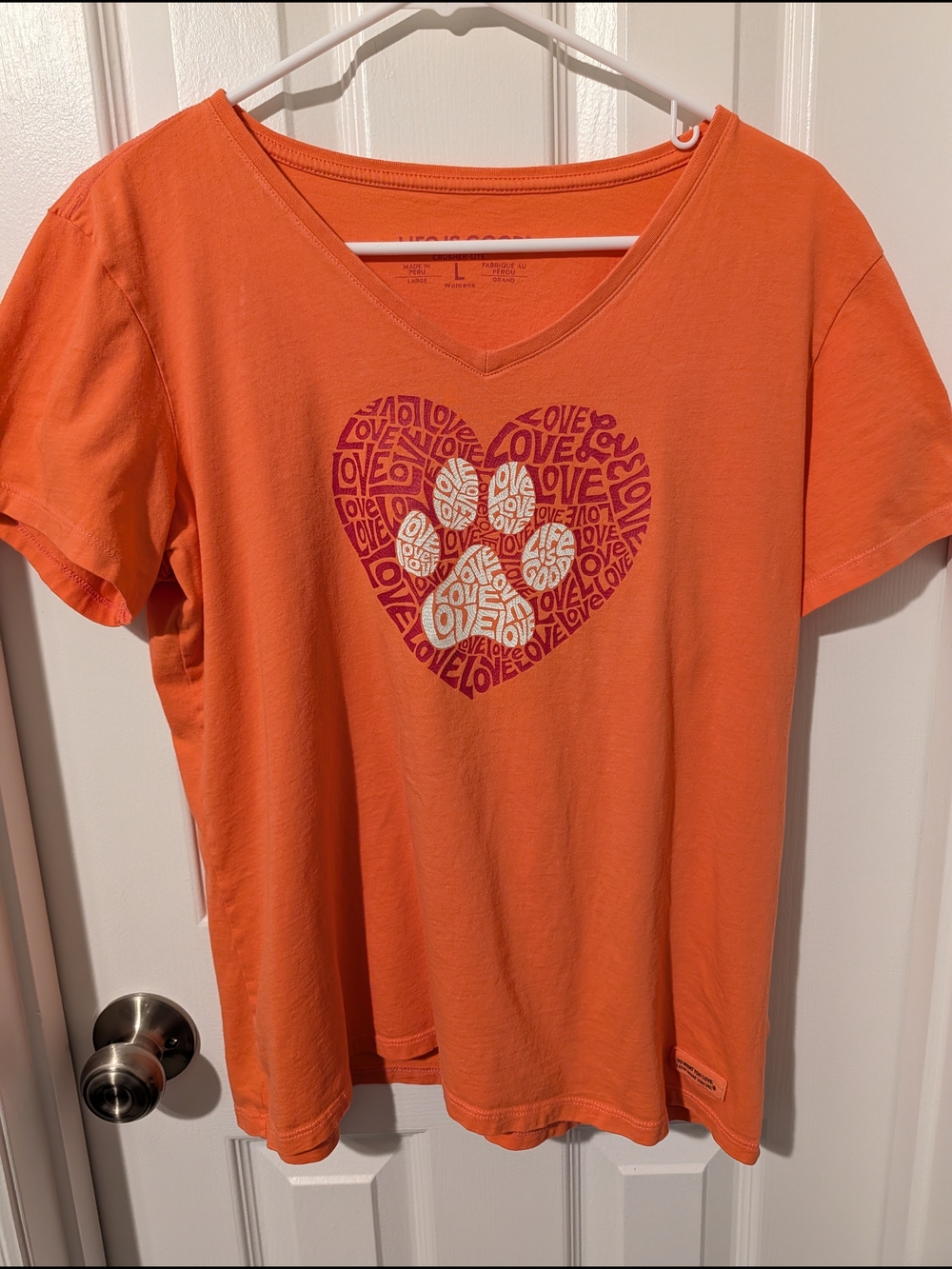 Life Is Good Coral V-Neck Tee with Heart & Paw Print